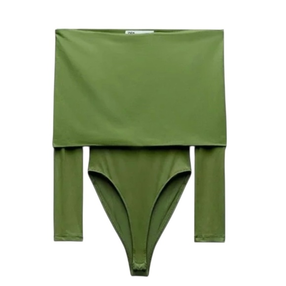 ZARA Bodysuit Long Sleeve Foldover Top Bright Olive Green Silky Smooth Stretch - Picture 5 of 15